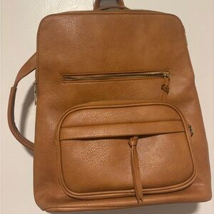 Camel Brown Faux Leather Backpack Purse Womens Travel Laptop Bag Leopard Lining